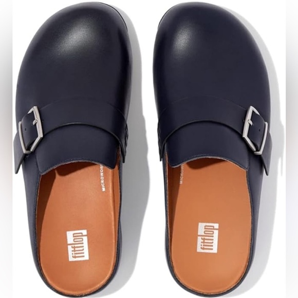 FitFlop Shuv Buckle-Strap Midnight Navy Blue Leather Slip On Comfort Clogs - Picture 1 of 11